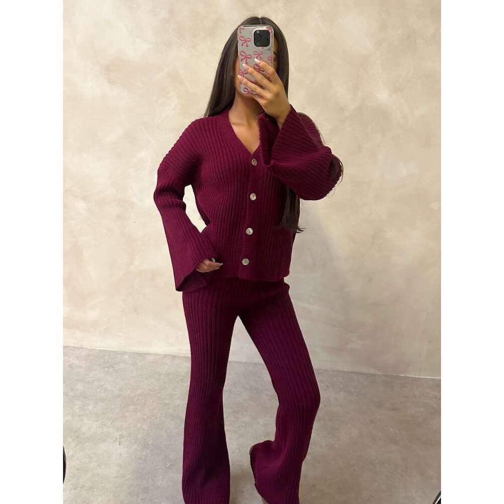 Elegant Bury Single Breasted V-Neck Loose Cardigan Suit Women Fashion Flared Knitted Long Pants Set 2024 Lady Daily Knitwear