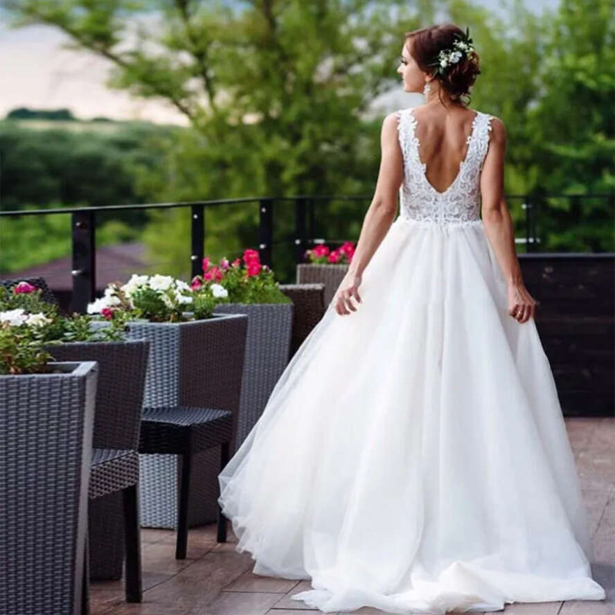 2021 A-E Beach Dresses Summer Boho Bride Dress With Detachable Train Backless Appliques Tulle Wedding Gowns Plus Size Wers V-Neck Lace 0509