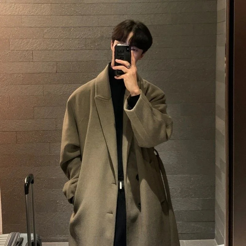 Winter Thickened Woolen Coat Men Warm Fashion Casual Long Woolen Coat Men Korean Loose Oversized Belt Woolen Coat Mens Overcoat 241024