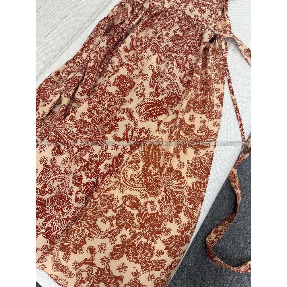 Women Vacation Style Ink Painting Orange Fragmented Wer Long Silk Dress With Belt