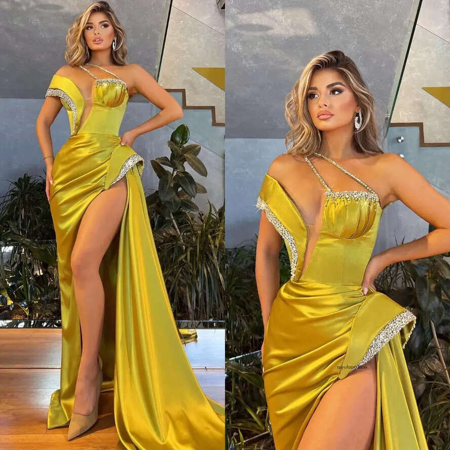 Sexy Yellow Mermaid Evening V Neck Beads Formal Party Prom Dress Split Red Carpet Long Dresses For Special Ocn 0515