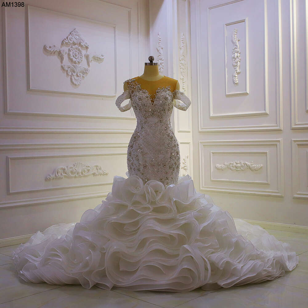Off The Shoulder Full Beading V-neck Ruffles Mermaid Wedding Dress