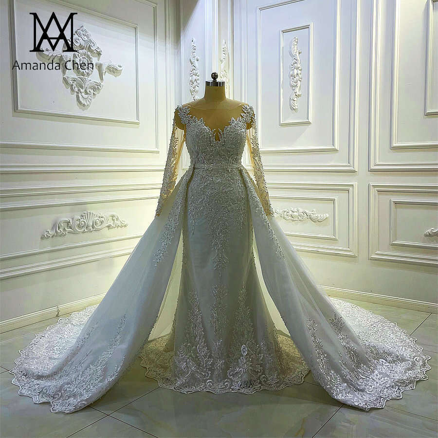 2 in 1 Long Sleeve Lace Appliqued Mermaid Detachable Skirt Wedding Dress