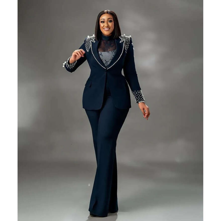 Plus Size Beads Women Pant Suit Slim Fit Pearls Blazer Top Sets Ladies Party Fashion 2 Pieces Custom Made Outfits Bc19514