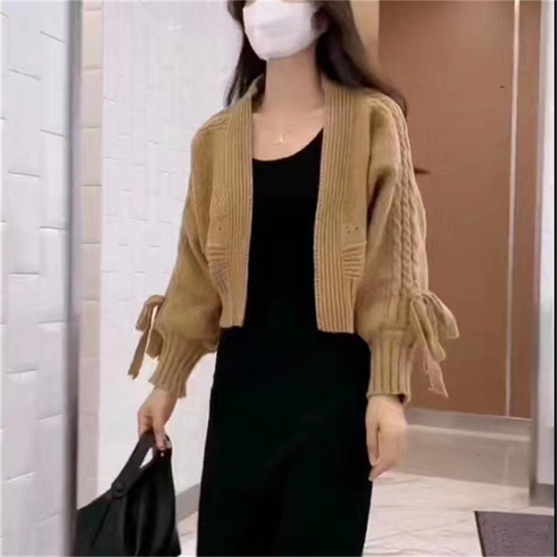 Small Shawl Women S Autumn And Winter New Product Knitted Cardigan Jacket Short Style Twisted Flower Solid Color V Neck Sweet Tie F1028#32