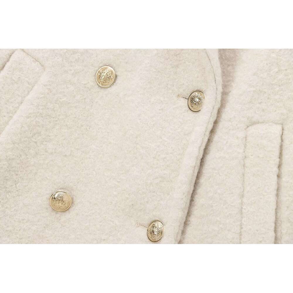 TRAFZA Women Fashion Tweed Lapel Gold-Color Double-Breasted Elegant Blazer New 2024 Fall Winter Casual High Street Coat