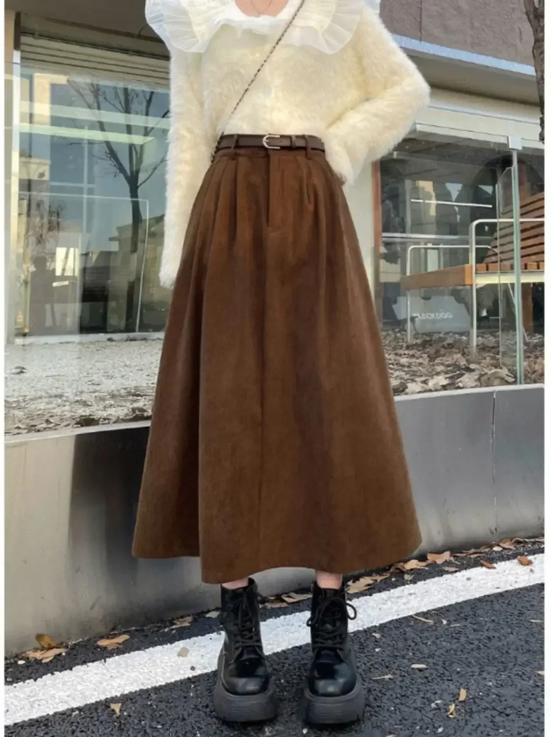 Retro Brown Corduroy Skiing Womens Autumn Winter High Waist Medium Length A-Line Skiing Japanese Retro Clothing 241028