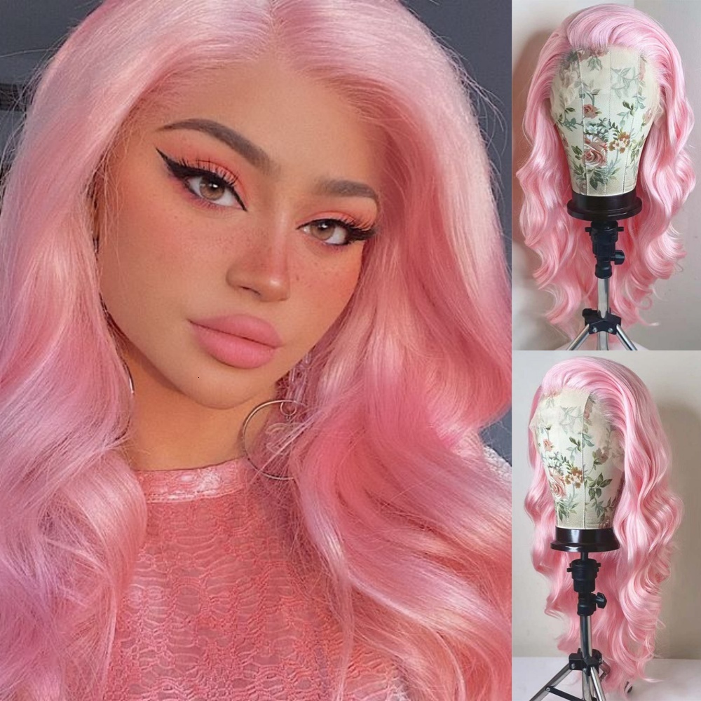RONGDUOYI Light Pastel Pink Lace Front Synthetic Frontal Wigs for Women Long Wavy Loose Wave Curly Hair Wig Daily Party Cosplay