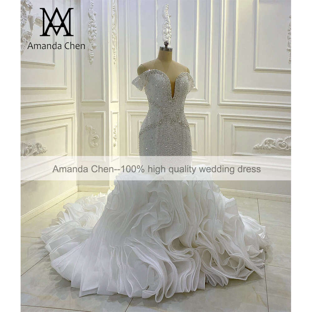 Amanda Novias Off Shoulder Handwork Beading Ruffle Mermaid Wedding Dress