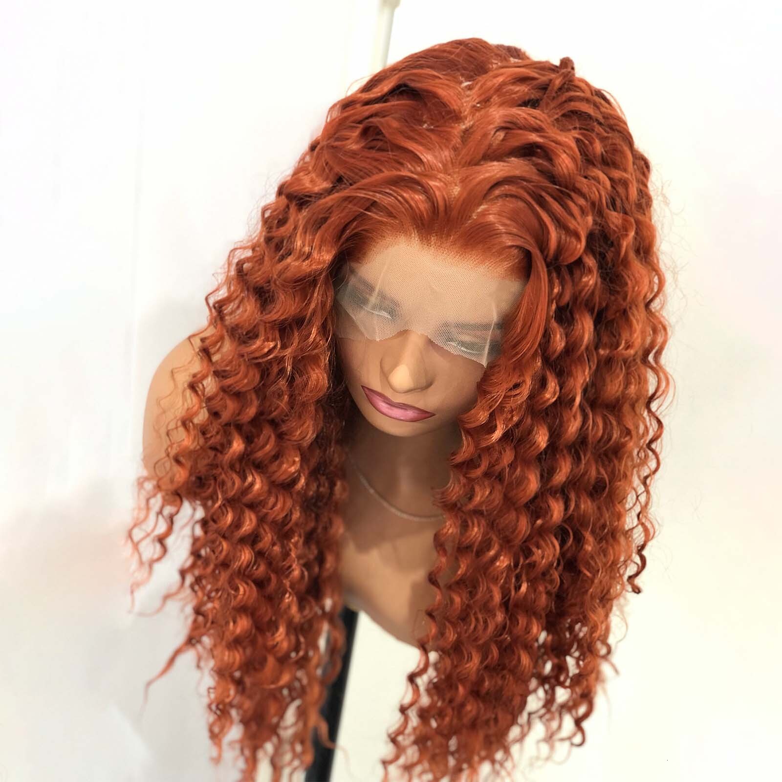 Ginger Deep Synthetic Front Wig Glueless Colored Hair Long Reddish Brown Curly Lace Frontal Wigs for Women Party