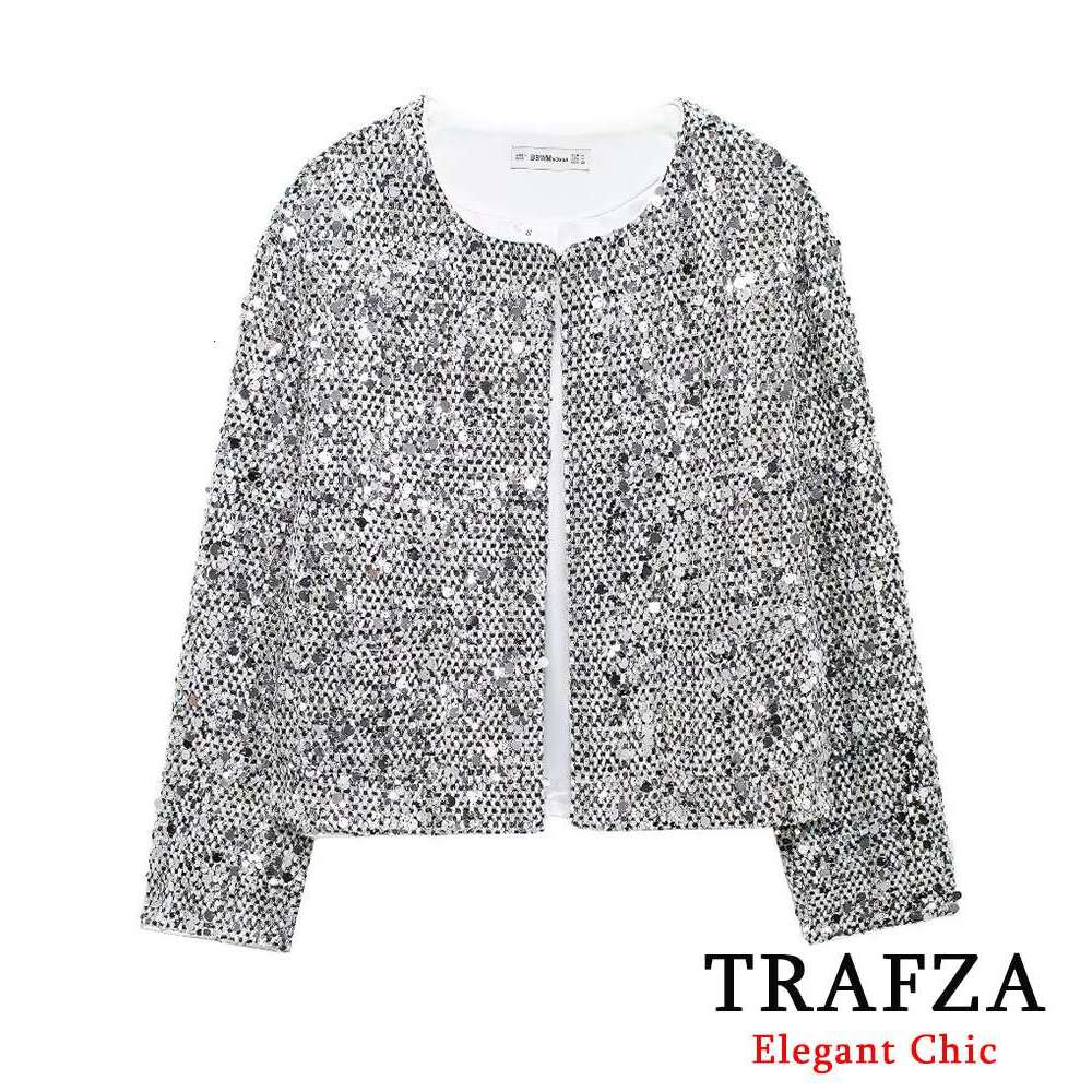 TRAFZA Women Fashion Tweed Sier White Sequins Cardigan New Spring Fall High Street Y2k Sequined Jacket