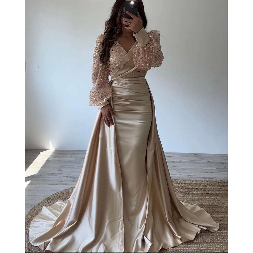 Champagne Mermaid Evening Elegant With Detachable Train Sequins Long Sleeves Turkey Prom Dress V Neck Plus Size Formal Dresses For Women 0515