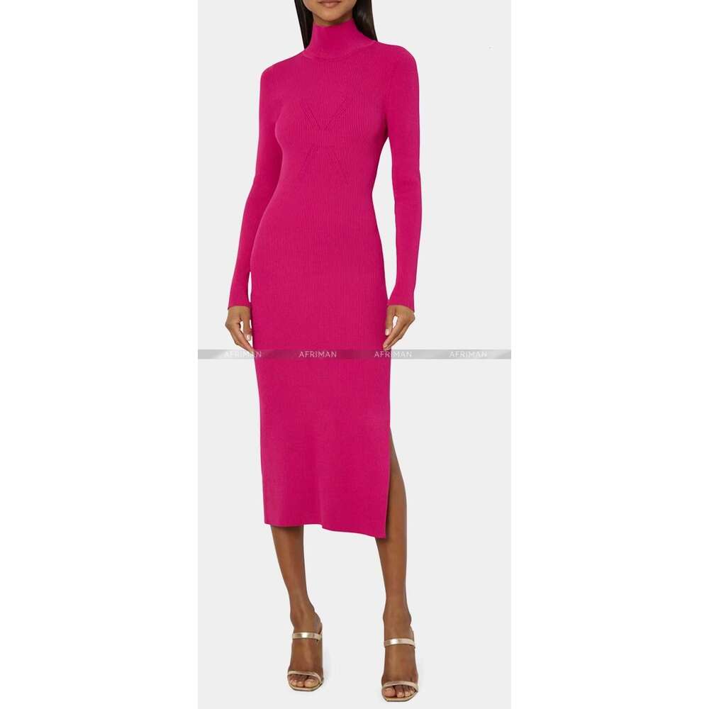 Women Ribbed Turnleneck Long Sleeve Knitted Step Midi Dress