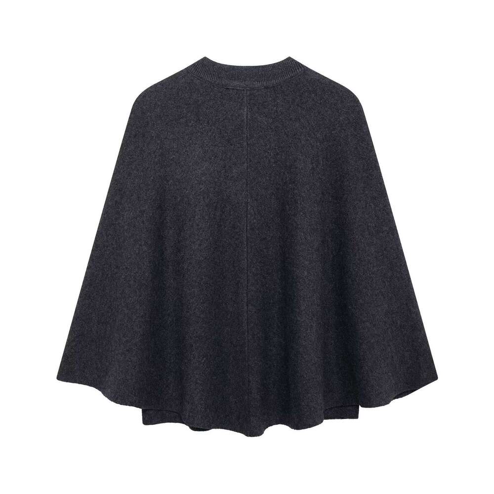 TRAFZA Elegant Women Knitted Metal Buckle Dark Gray Coat New 2024 Spring Fall Fashion Casual Cape Sweater