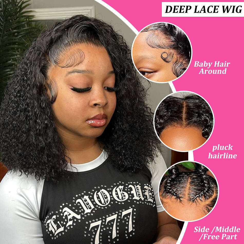 Density Curly Short Bob Wig x Lace Front Human Hair Wigs Pre Plucked Loose Deep Wave HD Transparent Frontal