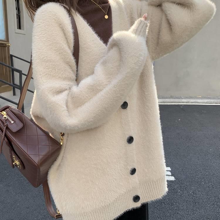 Imitation Mink Fur Sweater Jacket Women S Autumn Winter New Korean Version Loose And Lazy Style V Neck Knitted Cardigan For Women F1028#45 2cc46