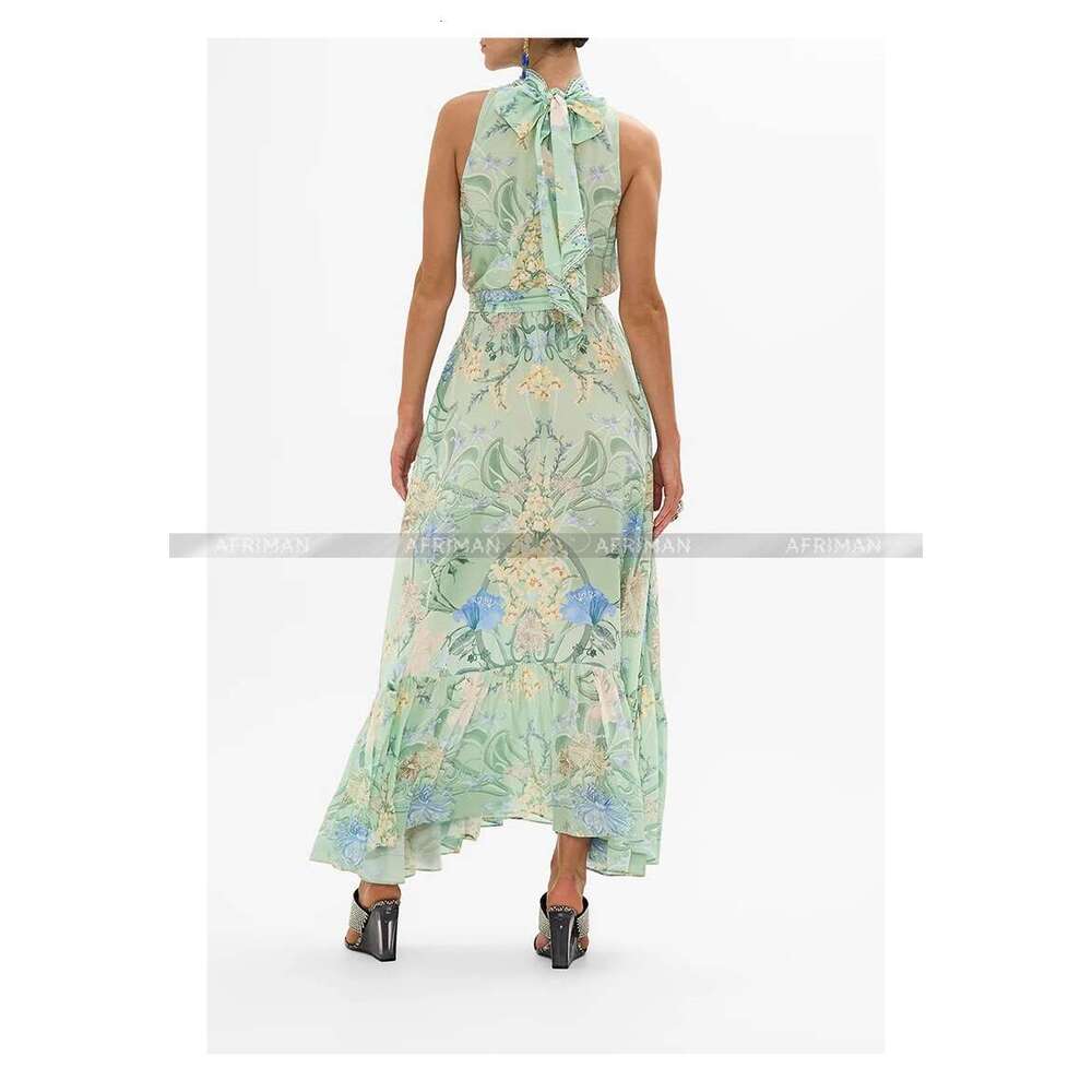 Women Mint Green Retro Print Ribbon Bow Collar Crystal Beaded Sleeveless Silk Long Vest Dress With Belt