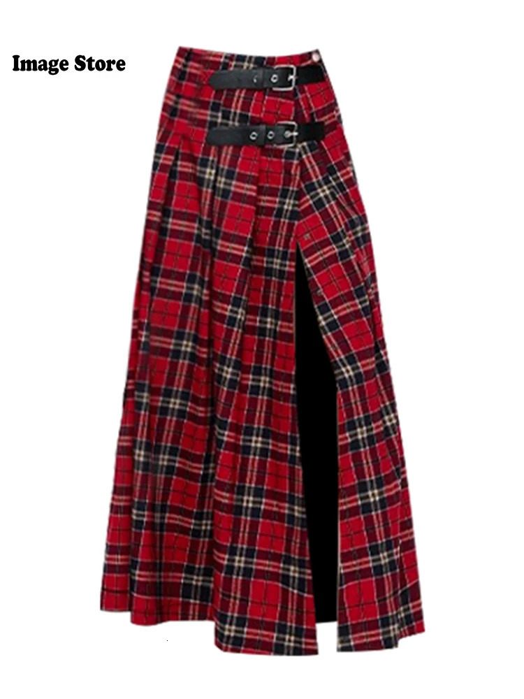 Womens Retro Midi Plaid Skirt Slit Gyaru Coquette 2000s Preparatory Sexy Grunge Cyber Punk Y2k Japanese Street Clothing Fashion 241028