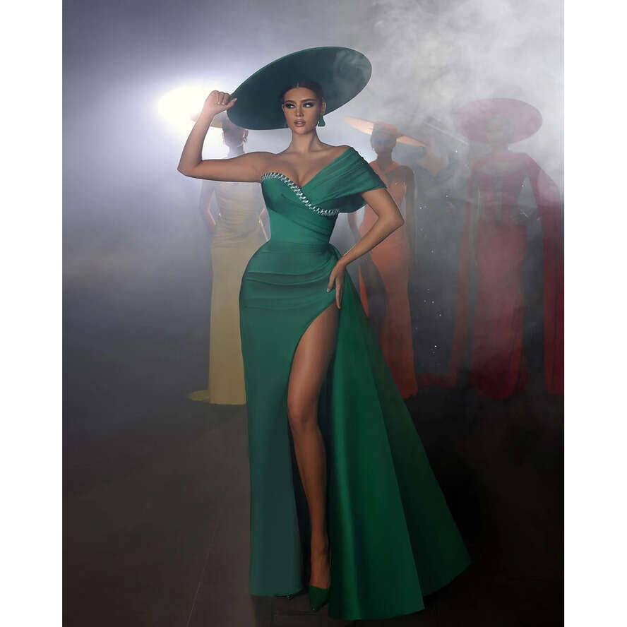 Green Emerald Mermaid Elegant Off Shoulder Dia Pleats Split Prom Dress Long Dresses For Special Ocns Evening Gowns