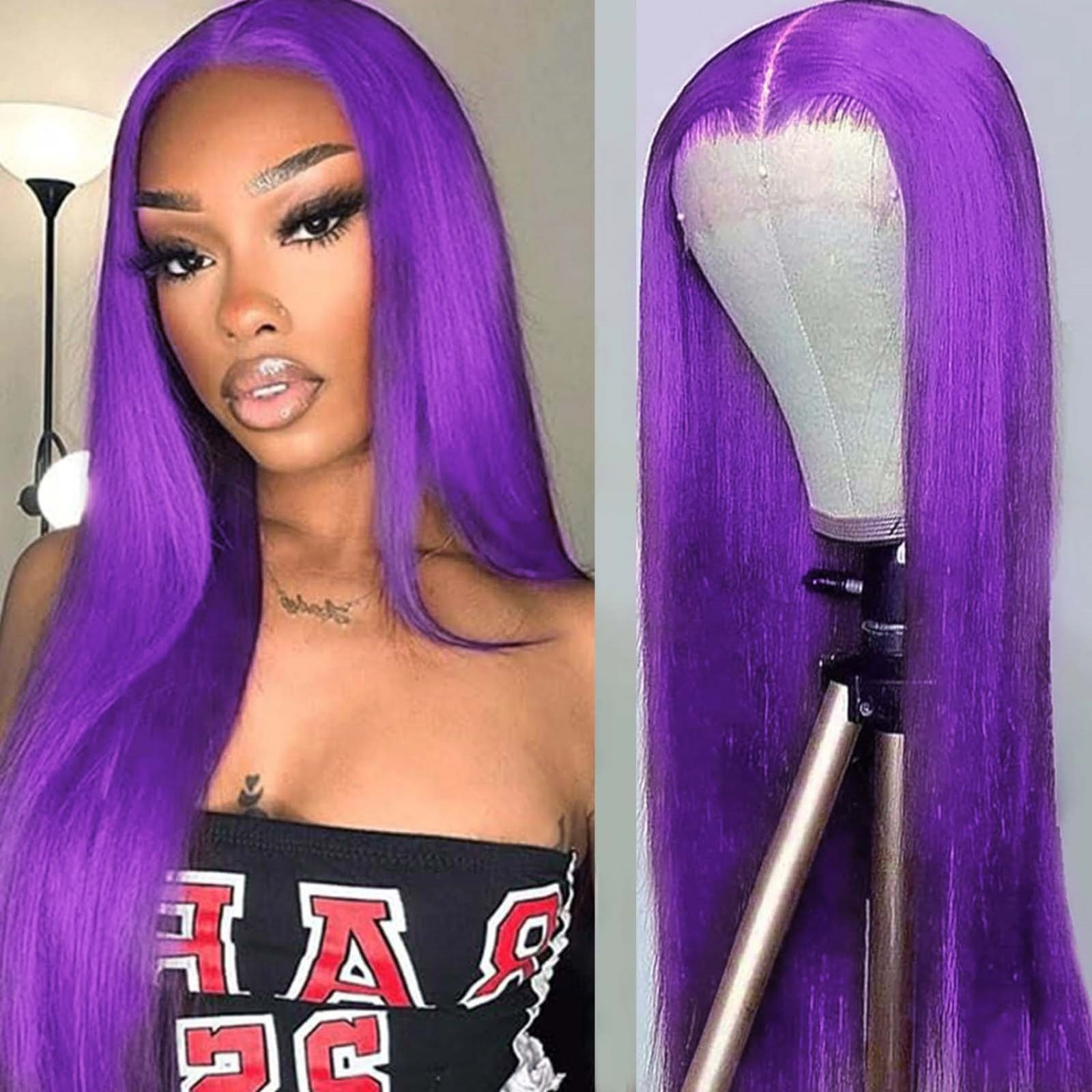 RDY Long Silky Straight Synthetic Front Wig Glueless Deep Purple Color Hair Frontal Lace Wigs for Women Daily