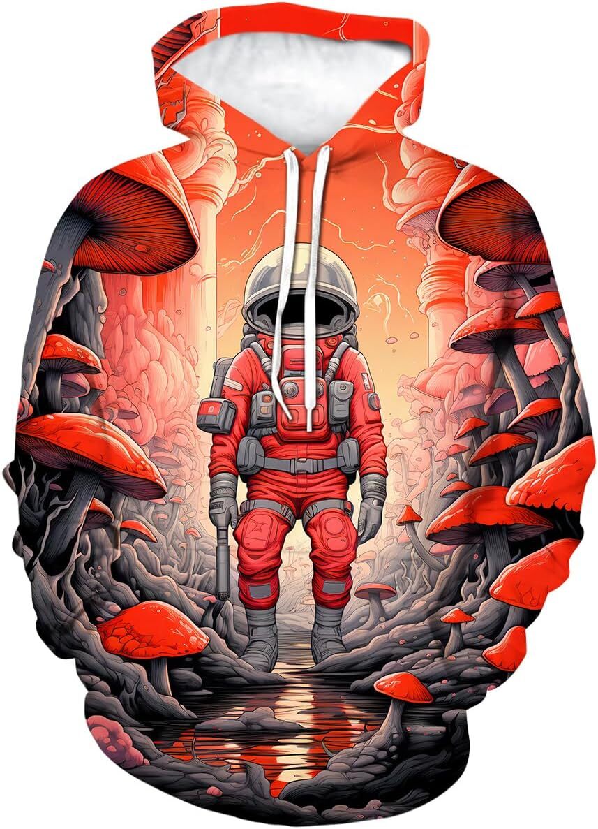 Hoodie for Mens Novelty Mushroom Planet Astronaut Printing Hoodie Sweatshirts Magic Astronaut Hoodies Hooded Graphic Hoodies sweatshirt Warm and casua