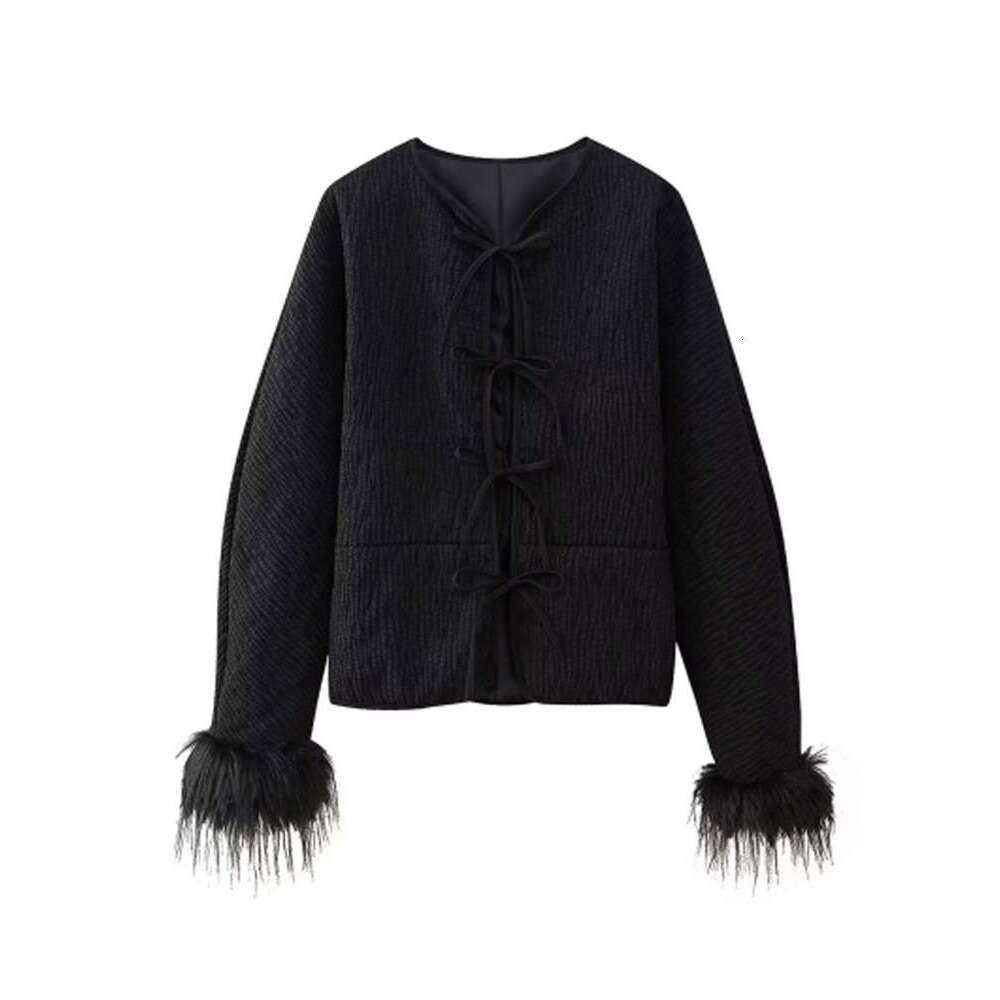 Fashion Feather Spliced Lace Up Solid Cardigan For Women Elegant 0-Neck Long Sleeve Oversized Sweater 2024 Lady High Streetwear