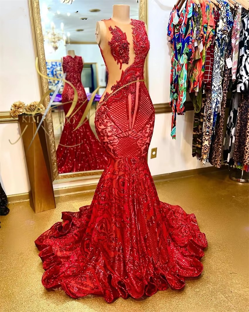 Shining Red Long Mermaid Prom Dresses Glitter Beading Crystals Pearls Dias Birthday Gowns For Black Girl