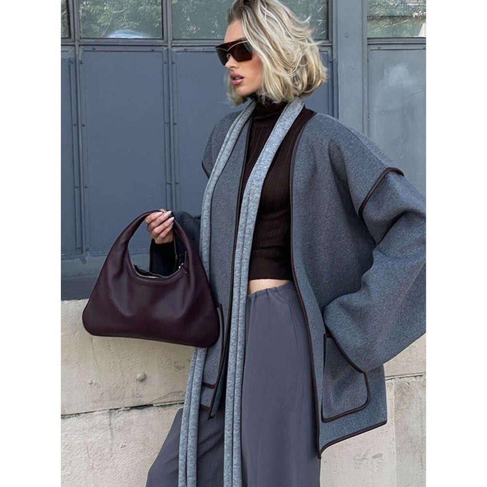 Lace Up Patchwork Women Coat V-Neck Loose Long Sleeve Pocket Female Jacket 2024 Elegant Autumn Winter New Office Lady Outwears