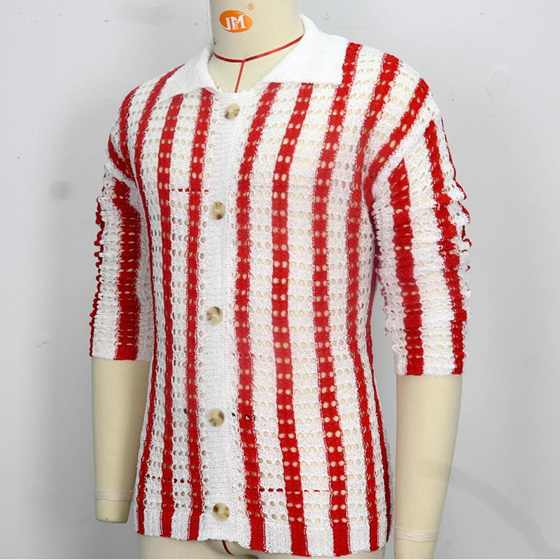 Mens Sweater Clothing European and American Fashion Casual Hollow Woven Knitted Versatile Striped Cardigan 241024