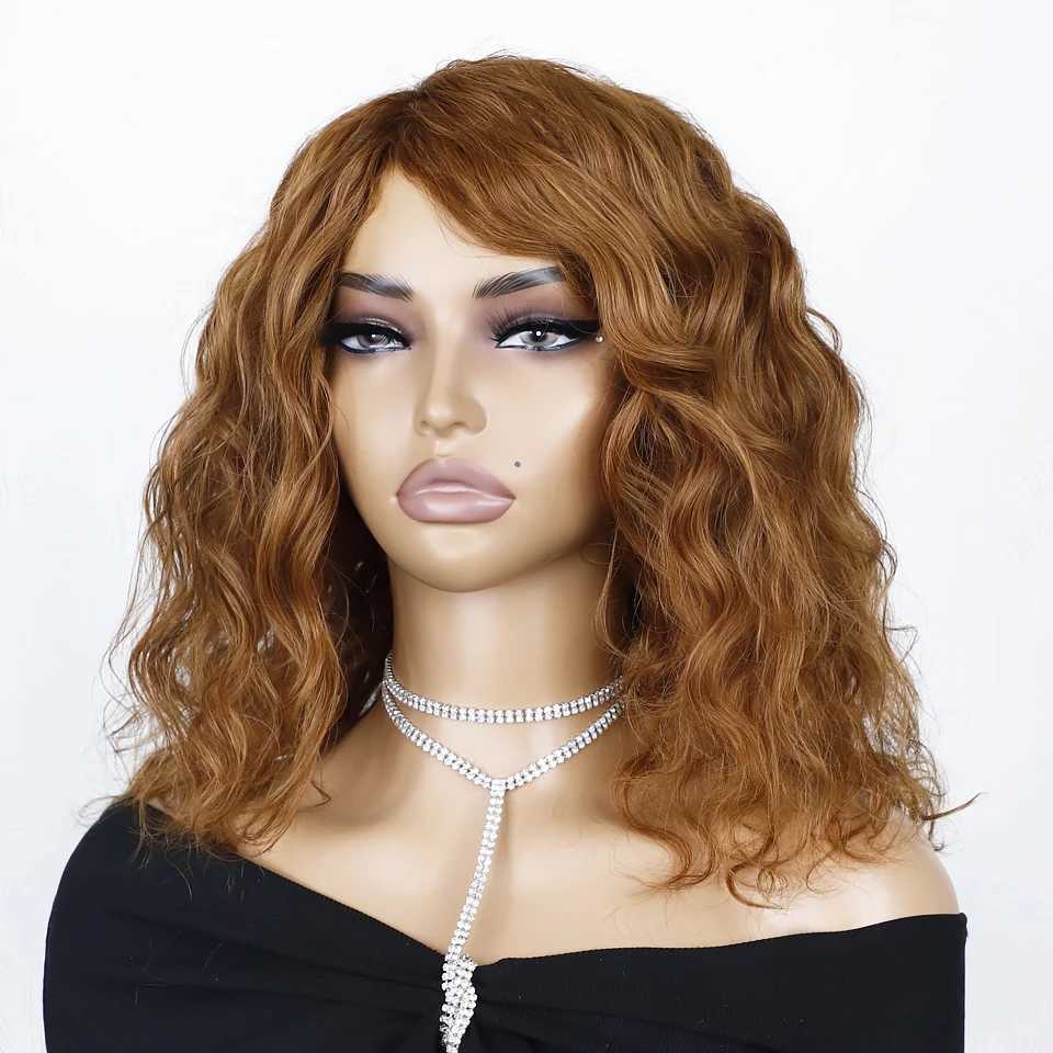 Big fluffy brown mixed blonde bob curly wig without glue with fringe bangs honey curly bob wig side part pre picked M241028