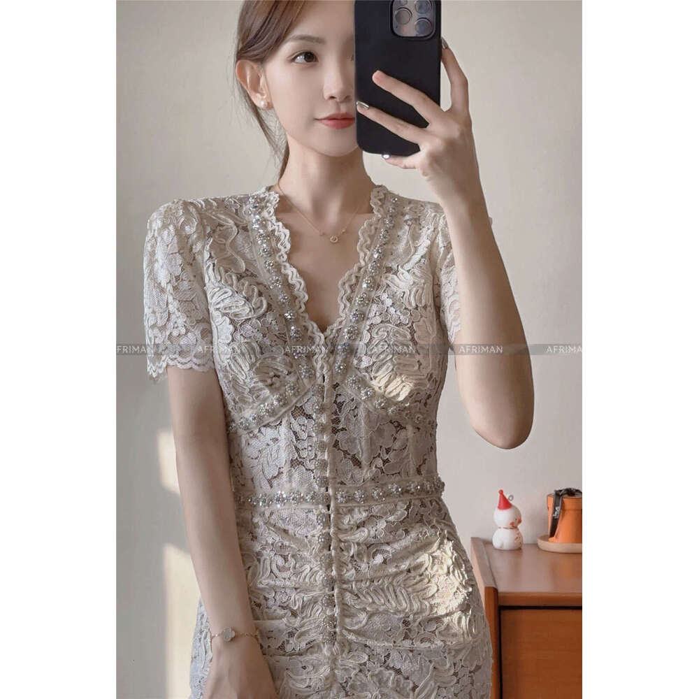 Women V Neck Short Sleeve Dia Button Decoration Lace Embroidery Long Step Dress