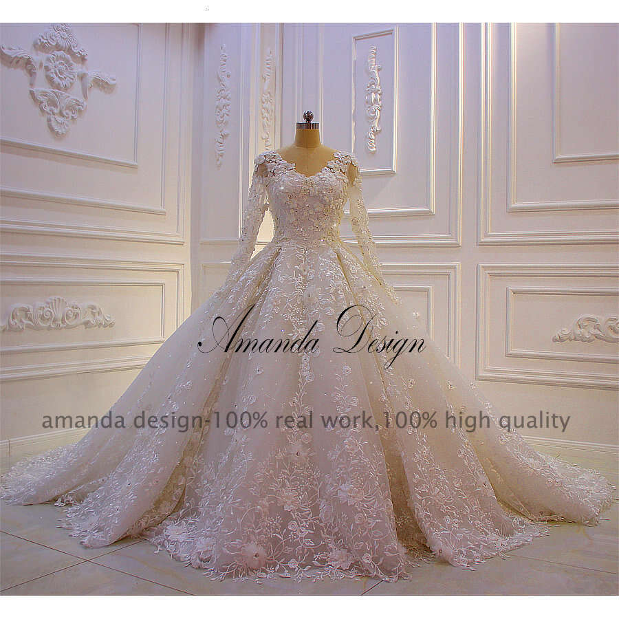Amanda Design vestidos de novia Long Sleeve Lace Applique wers Wedding Dress for Bride