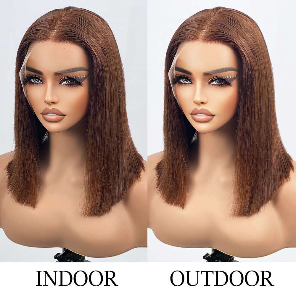 Bob Wigs Human Hair Chocolate Brown Lace Front For Women Lightly Bleached Knot Density
