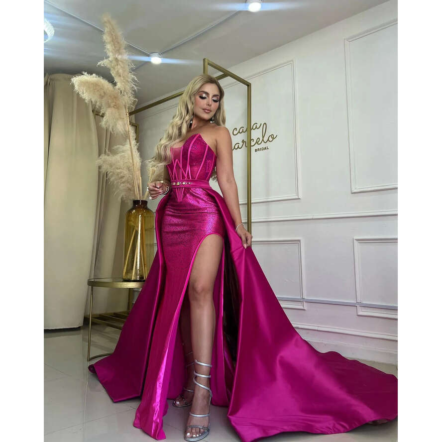 Rosy Pink Evening Dresses With Detachable Overskirts Sweetheart Glitter Party Prom Split Sweep Train Long Dress For Special Ocn 0515