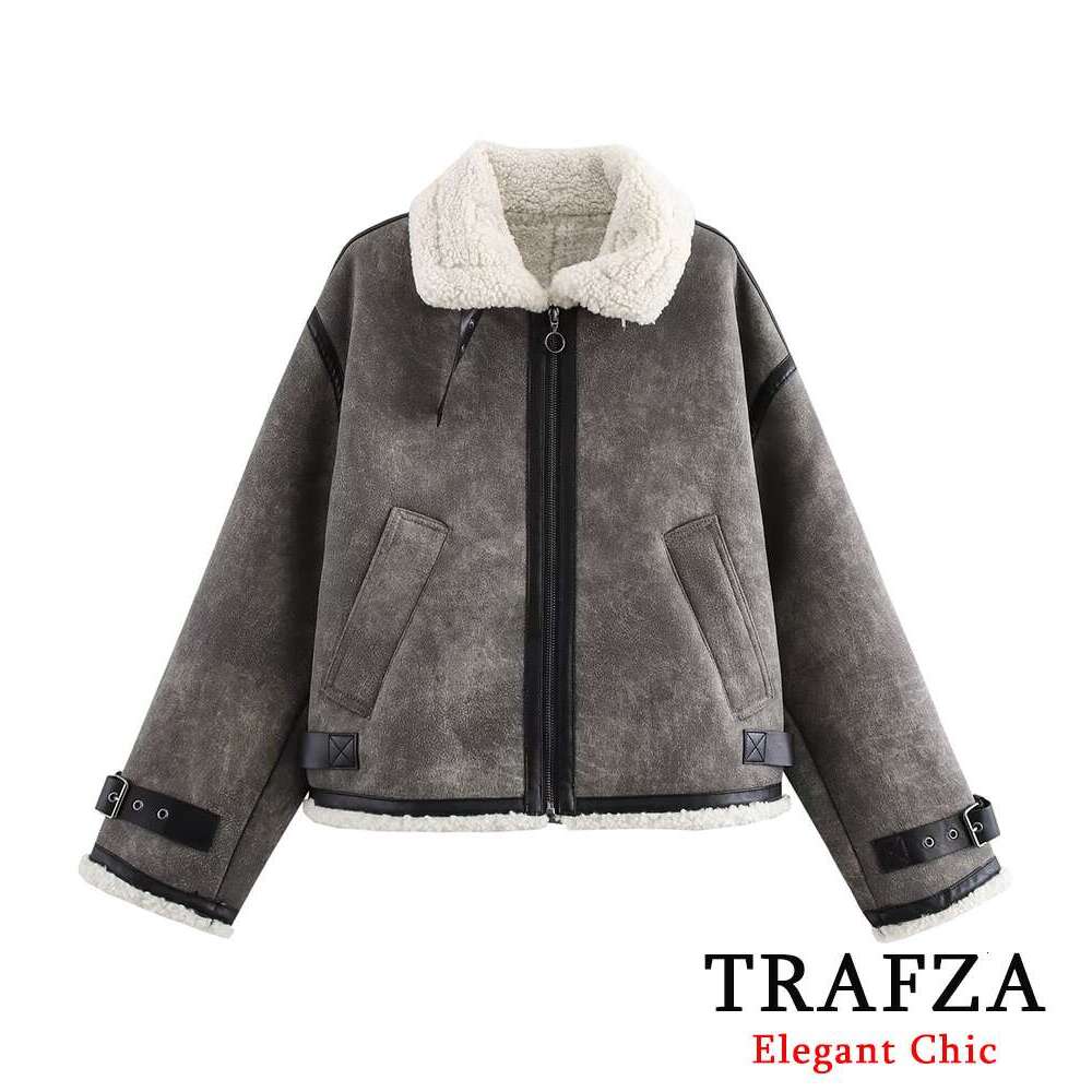 TRAFZA Women Fall Winter Fleece Ed Lapel Beltloops New 2024 Fashion Classic Street Vintage Jacket Coat
