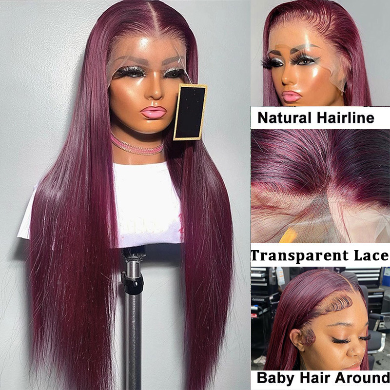 13X6 13X4 Frontal Bone Straight Bury For Women 99J Colored Transparent Lace Front Human Hair Wigs