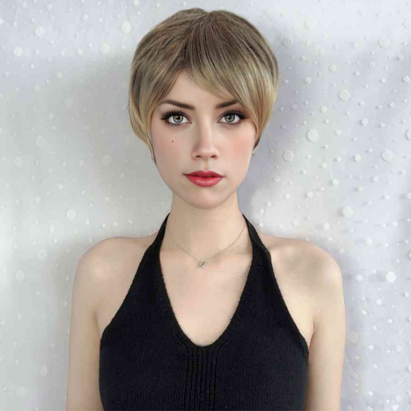 Fashion wig for women with side-parted bangs and exposed ears full headpiece short hair