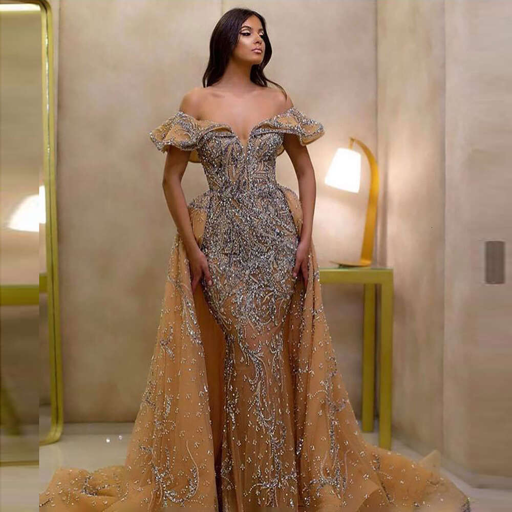 Crystal Evening Dresses With Detachable Train Women Beaded Prom Dress Cap Sleeves Champagne Tulle Party Gowns