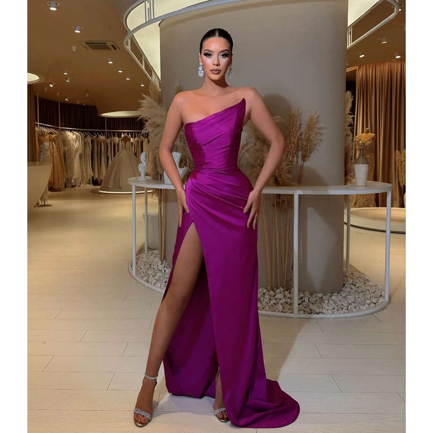 Elegant Rosy Pink Prom Dresses Strapless Evening Gowns Pleats Split Formal Long Special Ocn Party Dress 0515