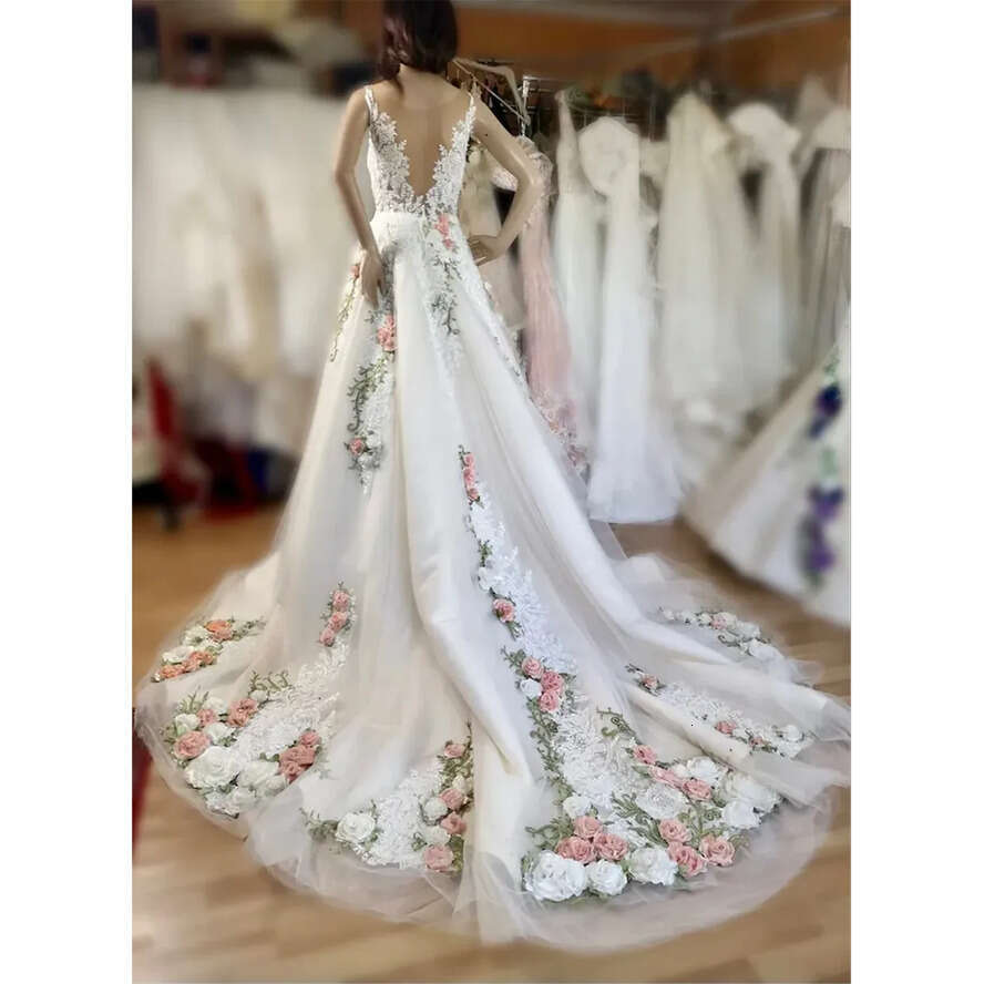 3D Ral Applique Sleeveless V-Neck Tulle A-E Dresses For Women Bridal Wedding Gowns Formal Ocn 0509