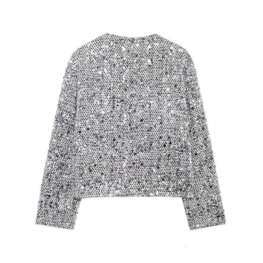 TRAFZA Women Fashion Tweed Sier White Sequins Cardigan New Spring Fall High Street Y2k Sequined Jacket