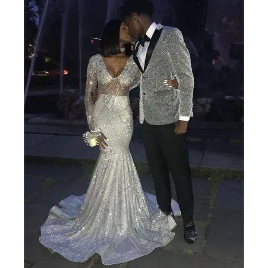 Bg Sparkly Sequins Sier Long Sleeves Mermaid Prom Party Dresses Sexy V Neck Black Girls Reflective Gala Evening Gowns