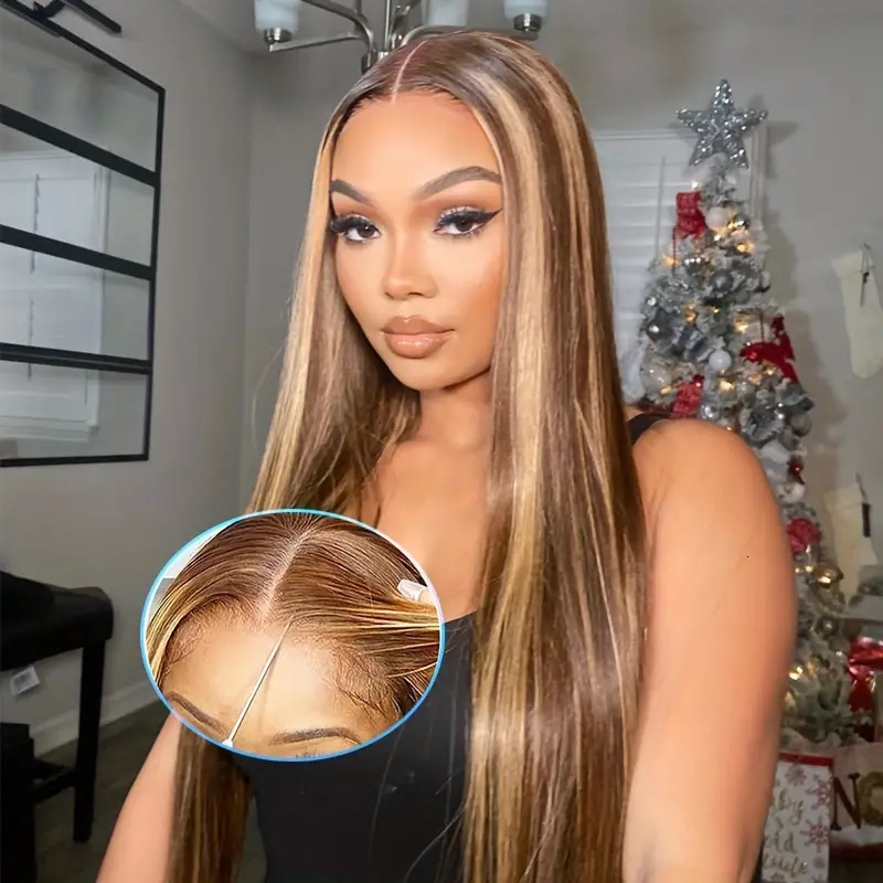 5x5 Highlight Glueless P4/27 Straight Front Human Hair Wigs Pre Cut Honey Blonde Colored 13x6 Lace Frontal Wig