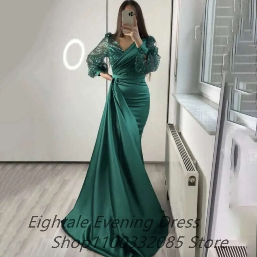 Dark Green Mermaid Satin Evening Dresses Long Sleeves V Neck Sparkly Sequins Custom Made Plus Size Prom Party Gown Vestidos 0914