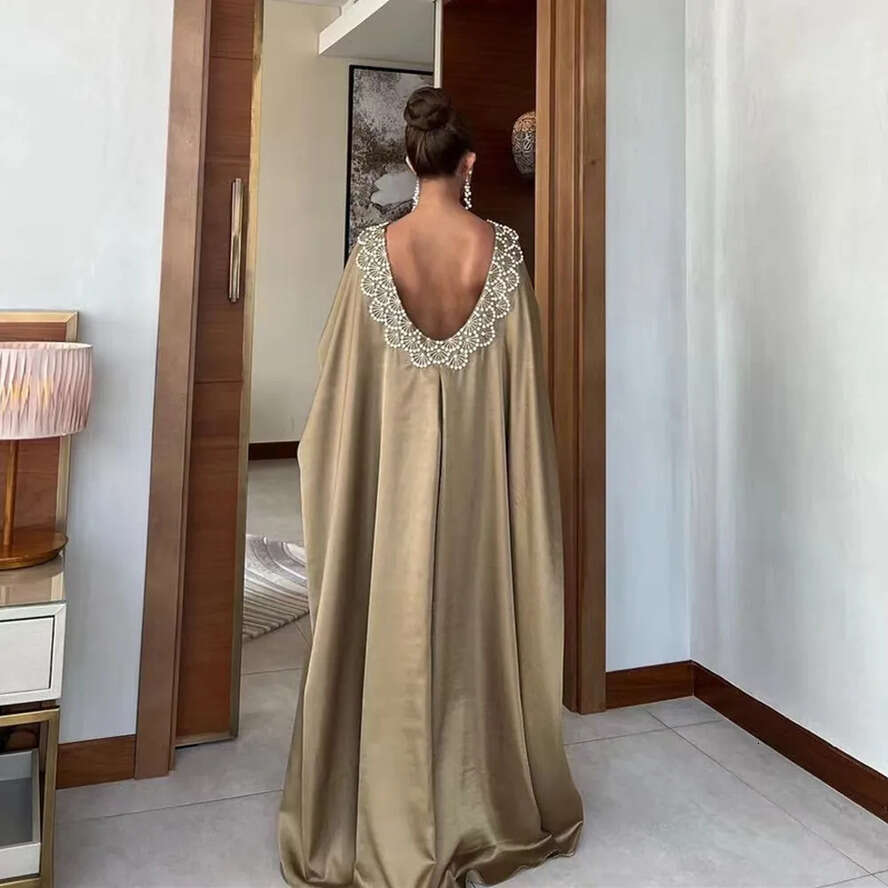 Beaded Crew Neck Evening Dresses Long Sleeves Open Back Formal Prom Gown A E Cape Style Saudi Arabia Womens Vestidos 0516