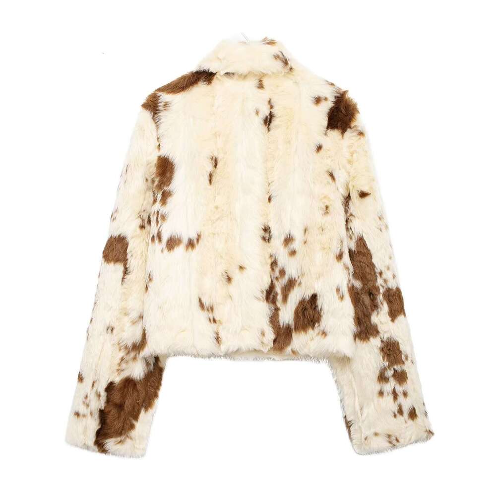 TRAFZA Women Shagg Short Lapel Jacket Loose Faux Fur Zipper Spots New 2024 Fall Winter High Street Modern Girl Coat