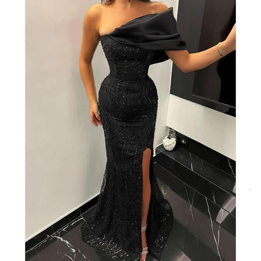 Black Mermaid Evening Gown One Shoulder Crystal Party Prom Dresses Split Formal Long Dress For Special Ocn 0515