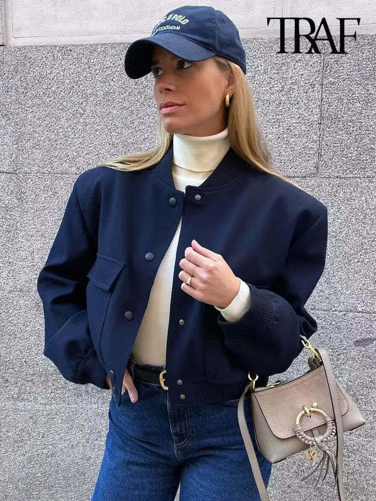 TRAF Women Fashion With Pockets Bomber Jacket Coats Vintage Long Sleeve Front Button Casual Female Outerwear Chic Tops 241024