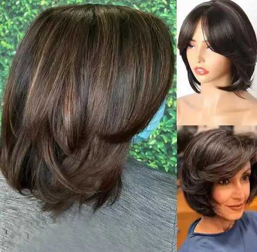 Silver wig grey Umbre womens wig with curtain bangs synthetic highlights grey bob short hair silver multi-layer wig M241028