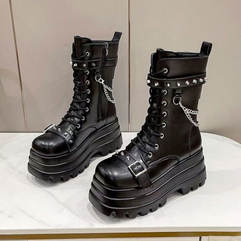 Thick Platform Gothic Lady Buckle New Autumn Shoes Women Wedges Knee High Boots Punk Street Cosplay Botas Motorcycle Chain b7fb